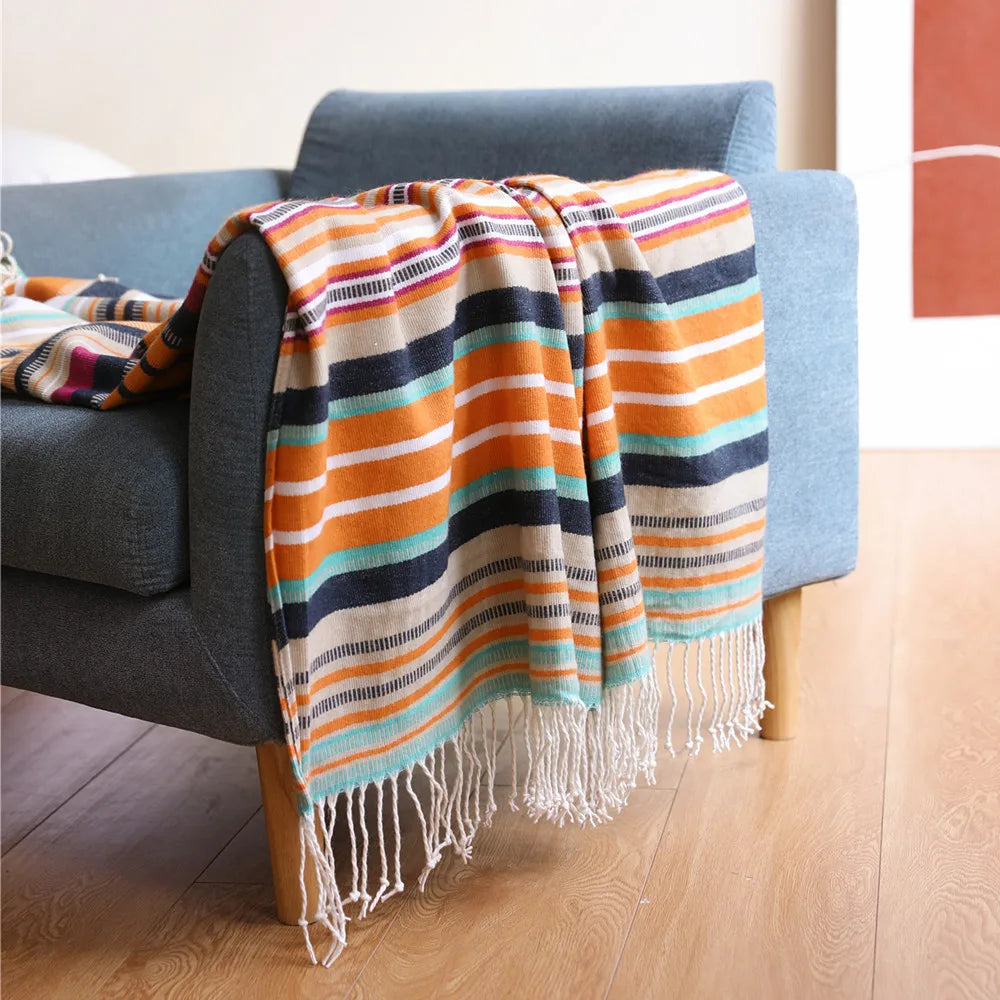 Rynx | Textile City Bohemia Colorful Striped Throw Blanket Comfortable Soft Summer Tassel Sofa Cover Rainbow Woven Camping Picnic Blanket
