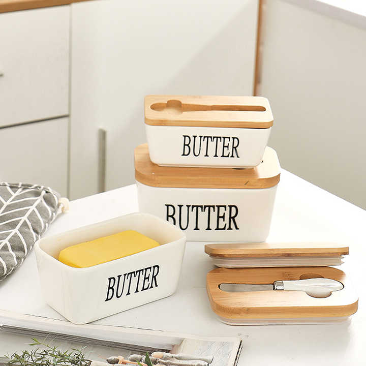 Lisslune | Rectangular Ceramic Butter Dish Sealed Storage Container Western Cheese Jug Butter Glass for Storage for Restaurant 15x8.5 cm