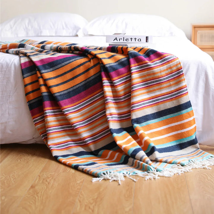 Rynx | Textile City Bohemia Colorful Striped Throw Blanket Comfortable Soft Summer Tassel Sofa Cover Rainbow Woven Camping Picnic Blanket