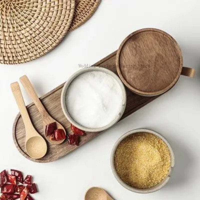 Lisslune | Vintage Japanese Ceramic Spice Storage Set with Acacia Wood Tray