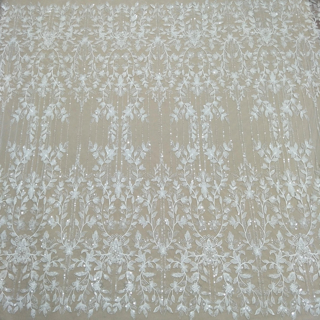 Lisslune | Luxurious Ivory Pearl Lace and Tulle Fabric for Bridal Wear - 130cm Width