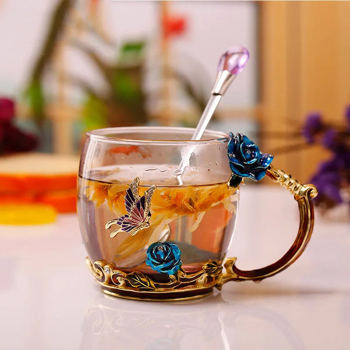 Lisslune | Handcrafted Enamel Coffee Mugs Rose-Glass Tea Cup with Steel Spoon Luxury Unique Gifts for Wedding Valentine's Day Birthday Gifts