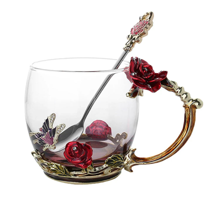 Lisslune | Handcrafted Enamel Coffee Mugs Rose-Glass Tea Cup with Steel Spoon Luxury Unique Gifts for Wedding Valentine's Day Birthday Gifts