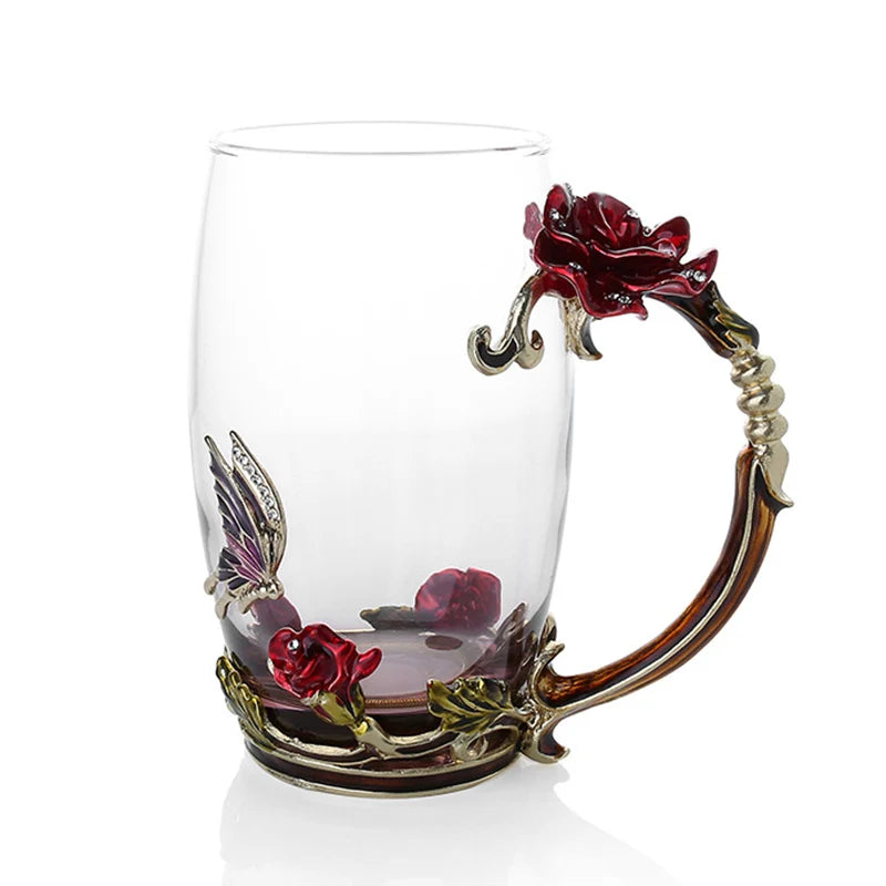 Lisslune | Handcrafted Enamel Coffee Mugs Rose-Glass Tea Cup with Steel Spoon Luxury Unique Gifts for Wedding Valentine's Day Birthday Gifts