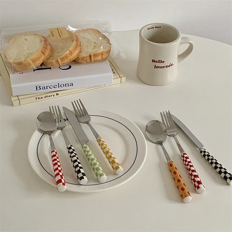 Rynx | Ins Style Dessert Steak Stainless Steel Knife Fork Spoon Cutlery Checkerboard Grid Glossy Ceramic Handle 3 Pieces/Set