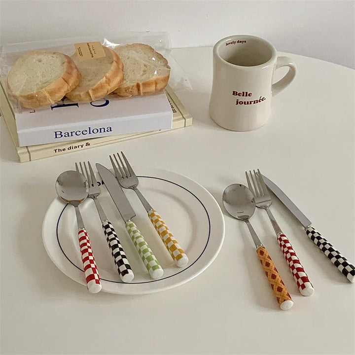 Rynx | Ins Style Dessert Steak Stainless Steel Knife Fork Spoon Cutlery Checkerboard Grid Glossy Ceramic Handle 3 Pieces/Set