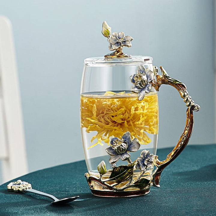 Lisslune | Handcrafted enamel flower glass mug for couples love gift can serve coffee, flavored tea or even lemon juice in