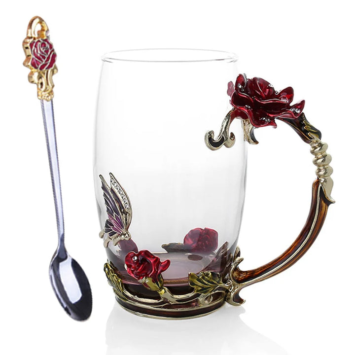 Lisslune | Handcrafted Enamel Coffee Mugs Rose-Glass Tea Cup with Steel Spoon Luxury Unique Gifts for Wedding Valentine's Day Birthday Gifts