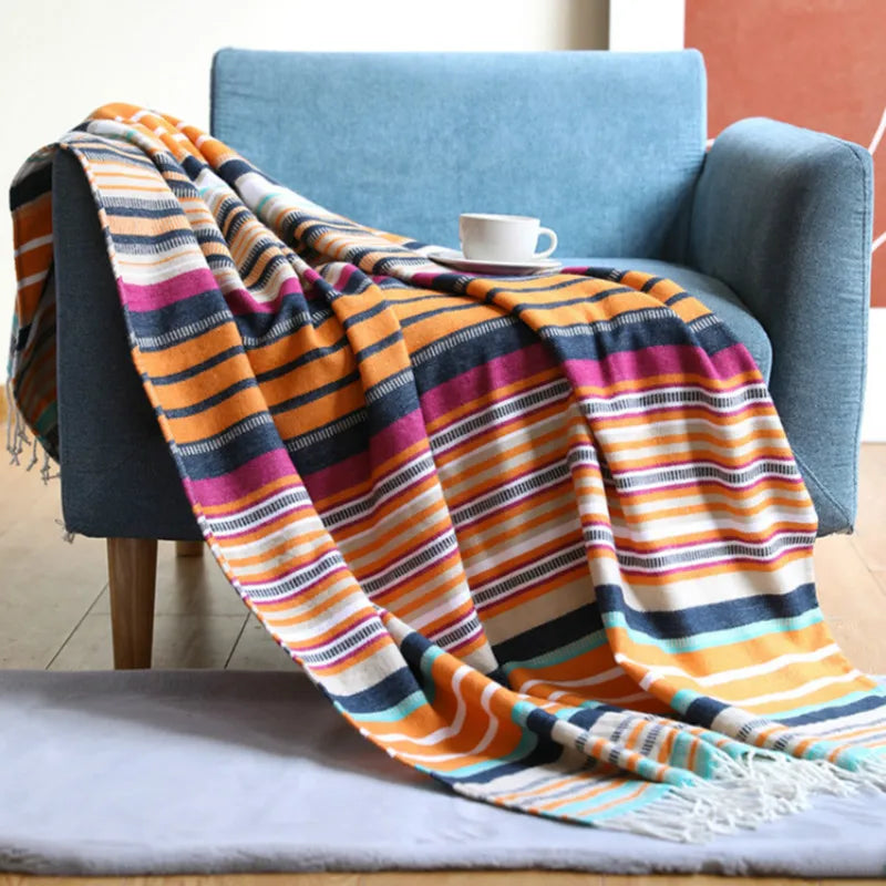 Rynx | Textile City Bohemia Colorful Striped Throw Blanket Comfortable Soft Summer Tassel Sofa Cover Rainbow Woven Camping Picnic Blanket