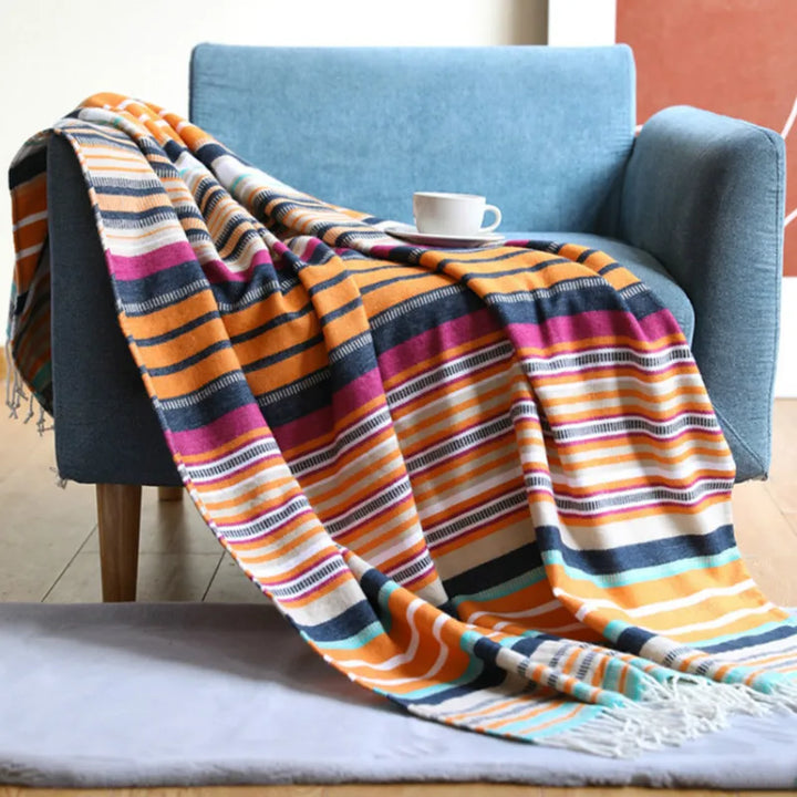 Rynx | Textile City Bohemia Colorful Striped Throw Blanket Comfortable Soft Summer Tassel Sofa Cover Rainbow Woven Camping Picnic Blanket