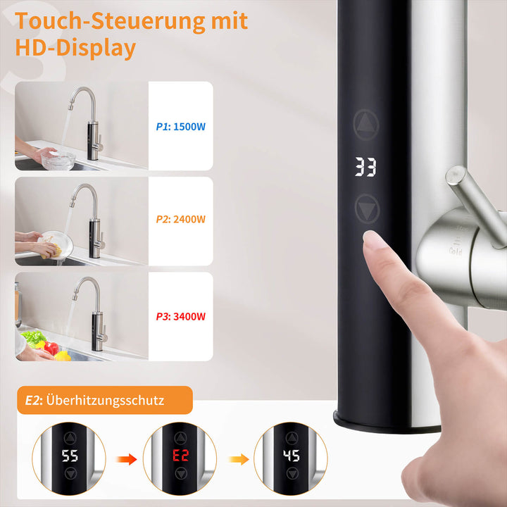 Lisslune | Kitchen faucet with instantaneous water heater, faucet 360° swivel, 3-stage touch control