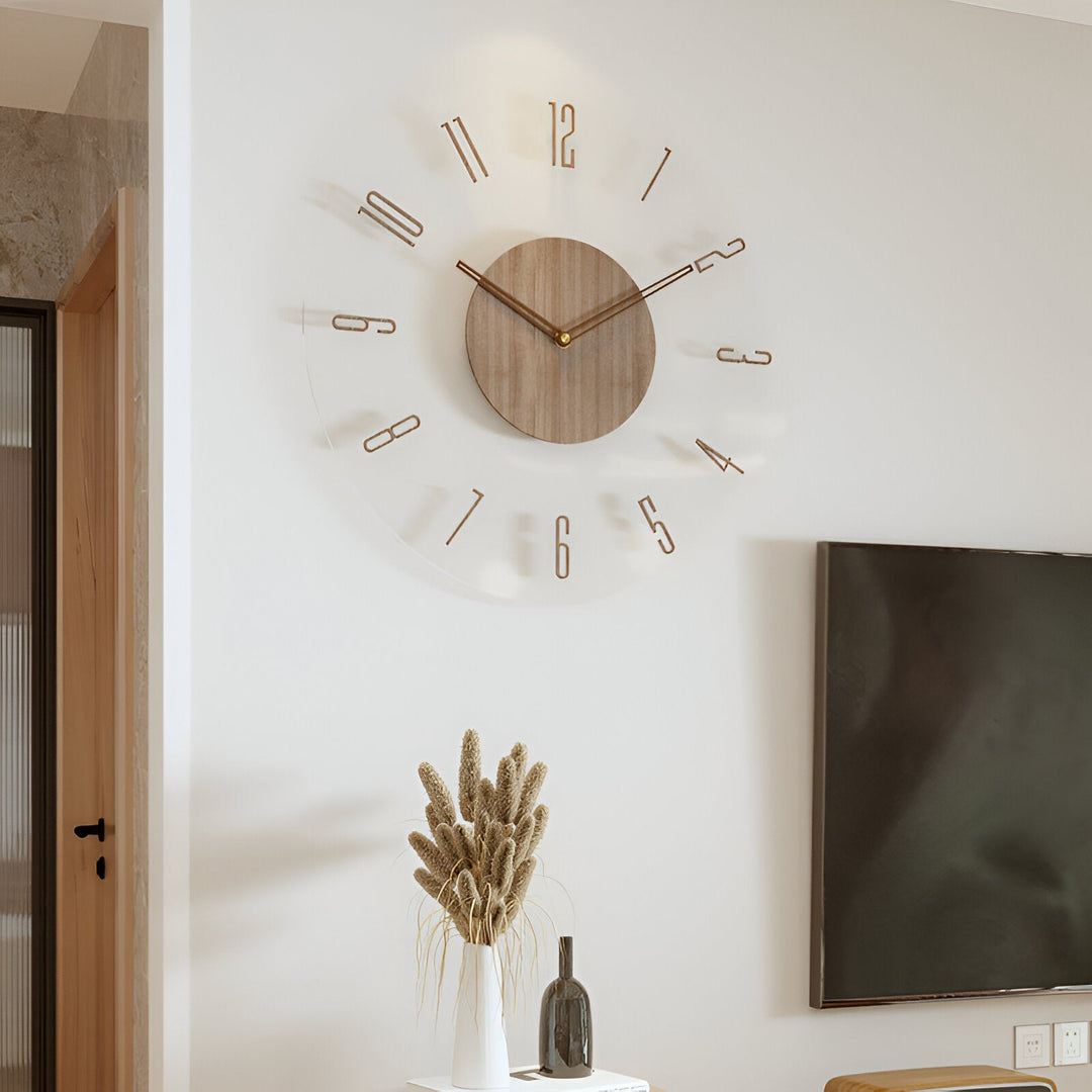 Lisslune | ClearWood Transparent Wall Clock – Silent Quartz with Wooden Details