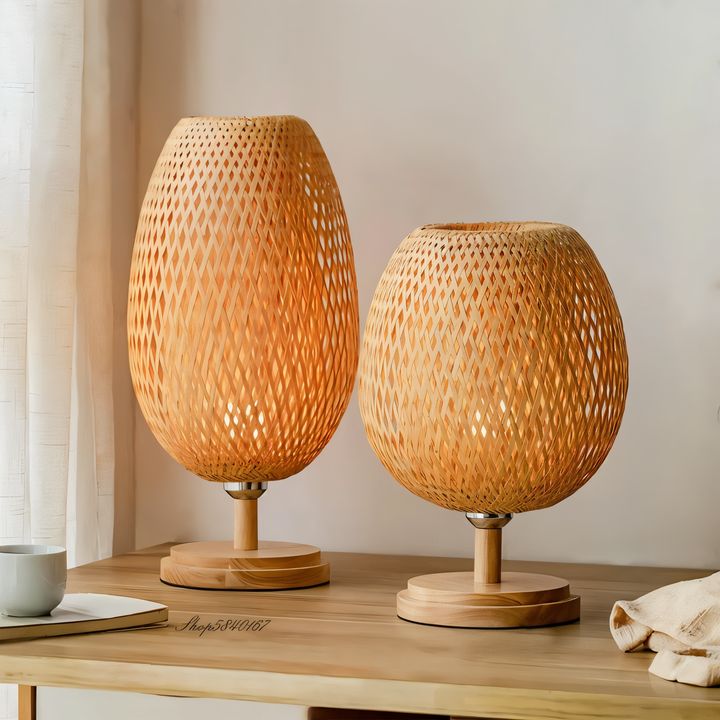 Lisslune | NatureHue – Vintage Bamboo Table Lamp – Creative Woven Rattan Desk Light