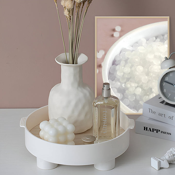 Lisslune | Round Serving Tray - Decorative Tray Made of Wood - White Tray Made of Ceramic