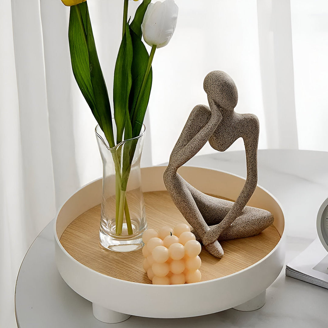 Lisslune | Round Serving Tray - Decorative Tray Made of Wood - White Tray Made of Ceramic