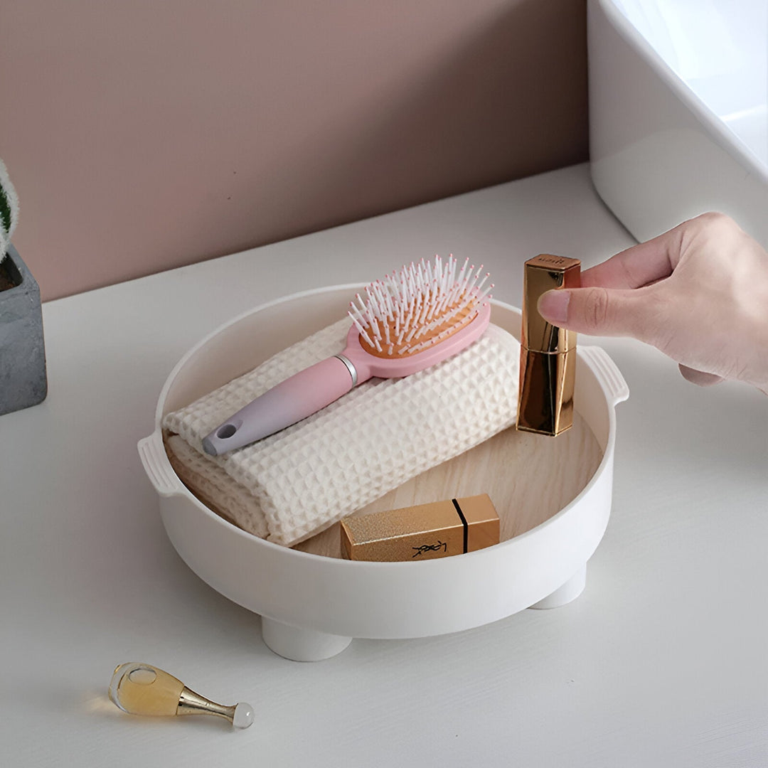 Lisslune | Round Serving Tray - Decorative Tray Made of Wood - White Tray Made of Ceramic