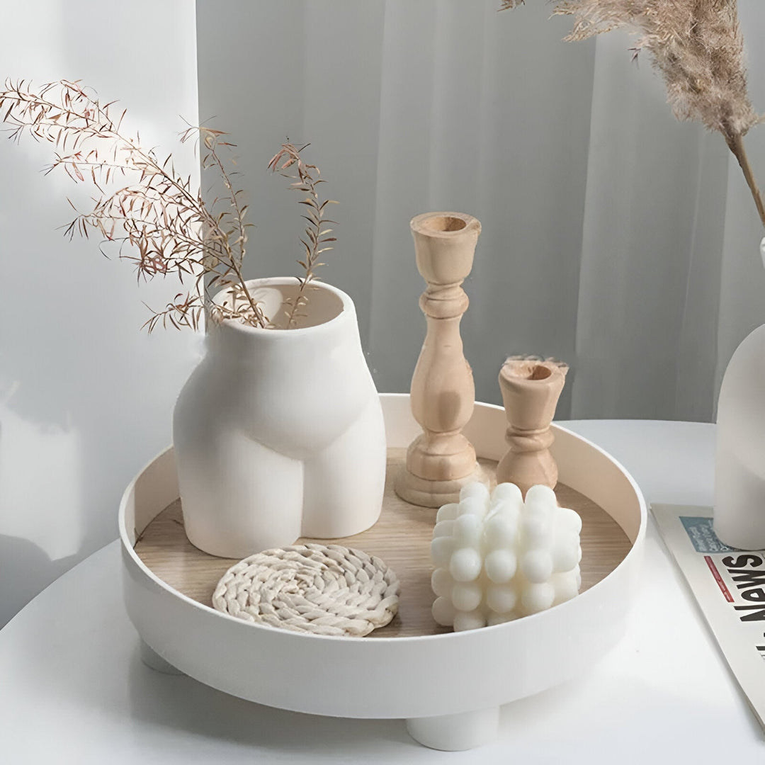 Lisslune | Round Serving Tray - Decorative Tray Made of Wood - White Tray Made of Ceramic
