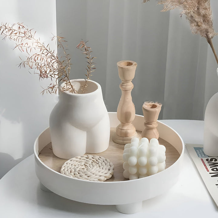 Lisslune | Round Serving Tray - Decorative Tray Made of Wood - White Tray Made of Ceramic