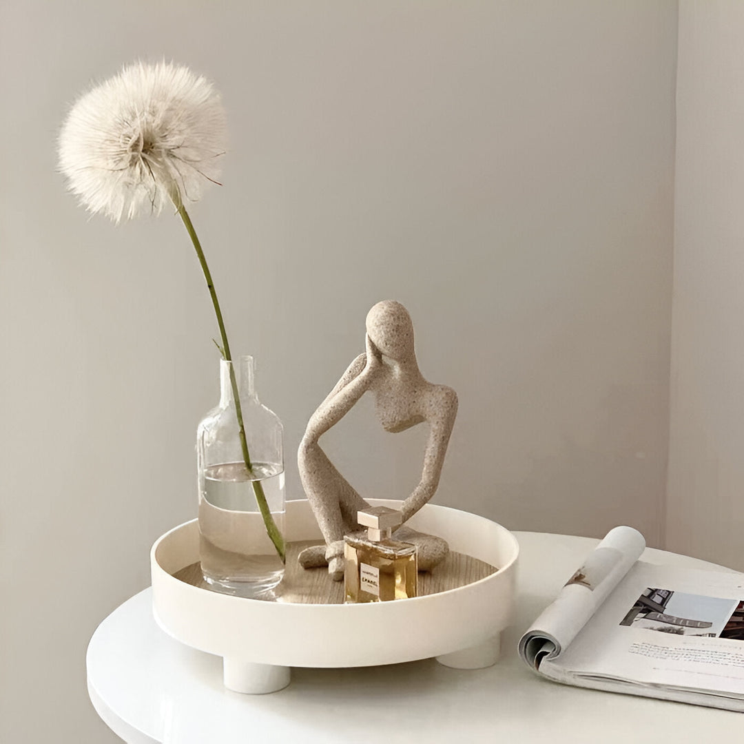 Lisslune | Round Serving Tray - Decorative Tray Made of Wood - White Tray Made of Ceramic