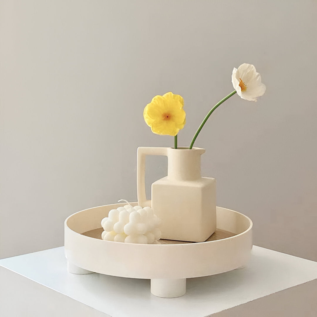 Lisslune | Round Serving Tray - Decorative Tray Made of Wood - White Tray Made of Ceramic