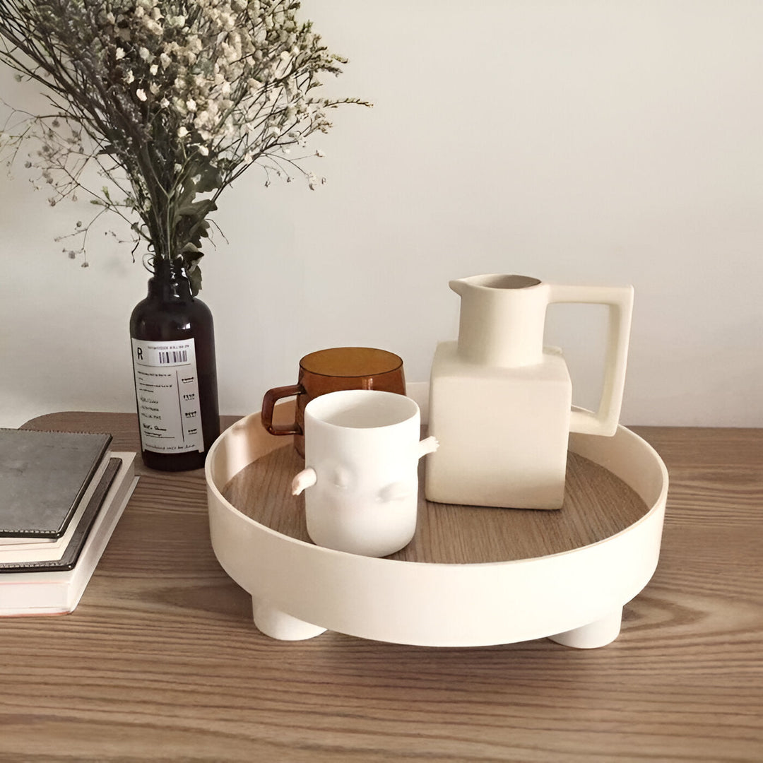 Lisslune | Round Serving Tray - Decorative Tray Made of Wood - White Tray Made of Ceramic
