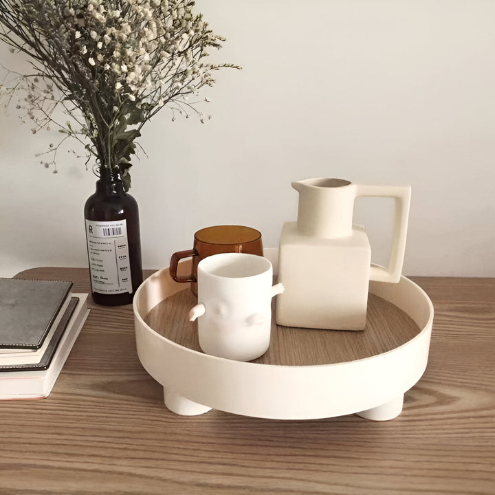 Lisslune | Round Serving Tray - Decorative Tray Made of Wood - White Tray Made of Ceramic