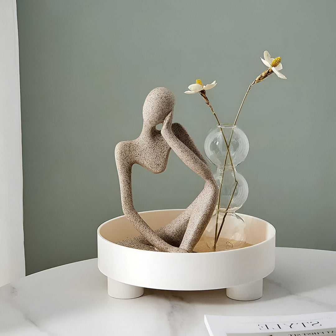 Lisslune | Round Serving Tray - Decorative Tray Made of Wood - White Tray Made of Ceramic