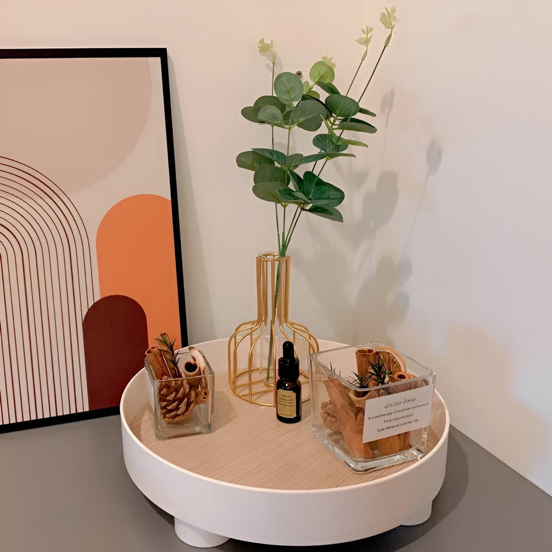Lisslune | Round Serving Tray - Decorative Tray Made of Wood - White Tray Made of Ceramic