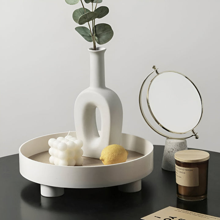 Lisslune | Round Serving Tray - Decorative Tray Made of Wood - White Tray Made of Ceramic