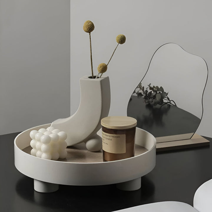 Lisslune | Round Serving Tray - Decorative Tray Made of Wood - White Tray Made of Ceramic