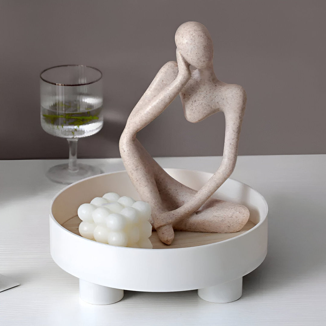 Lisslune | Round Serving Tray - Decorative Tray Made of Wood - White Tray Made of Ceramic