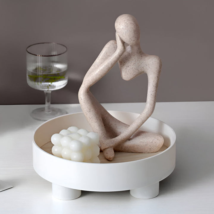 Lisslune | Round Serving Tray - Decorative Tray Made of Wood - White Tray Made of Ceramic