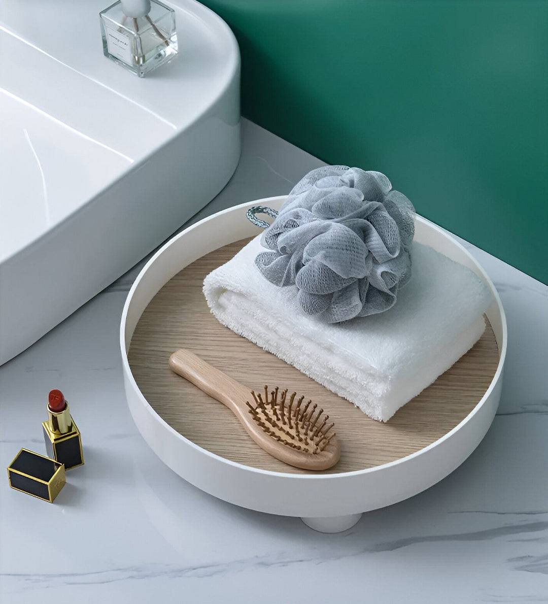 Lisslune | Round Serving Tray - Decorative Tray Made of Wood - White Tray Made of Ceramic