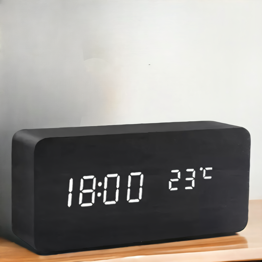 Lisslune | WakeyCue | Modern Wooden LED Digital Alarm Clock with Temperature & Humidity Display
