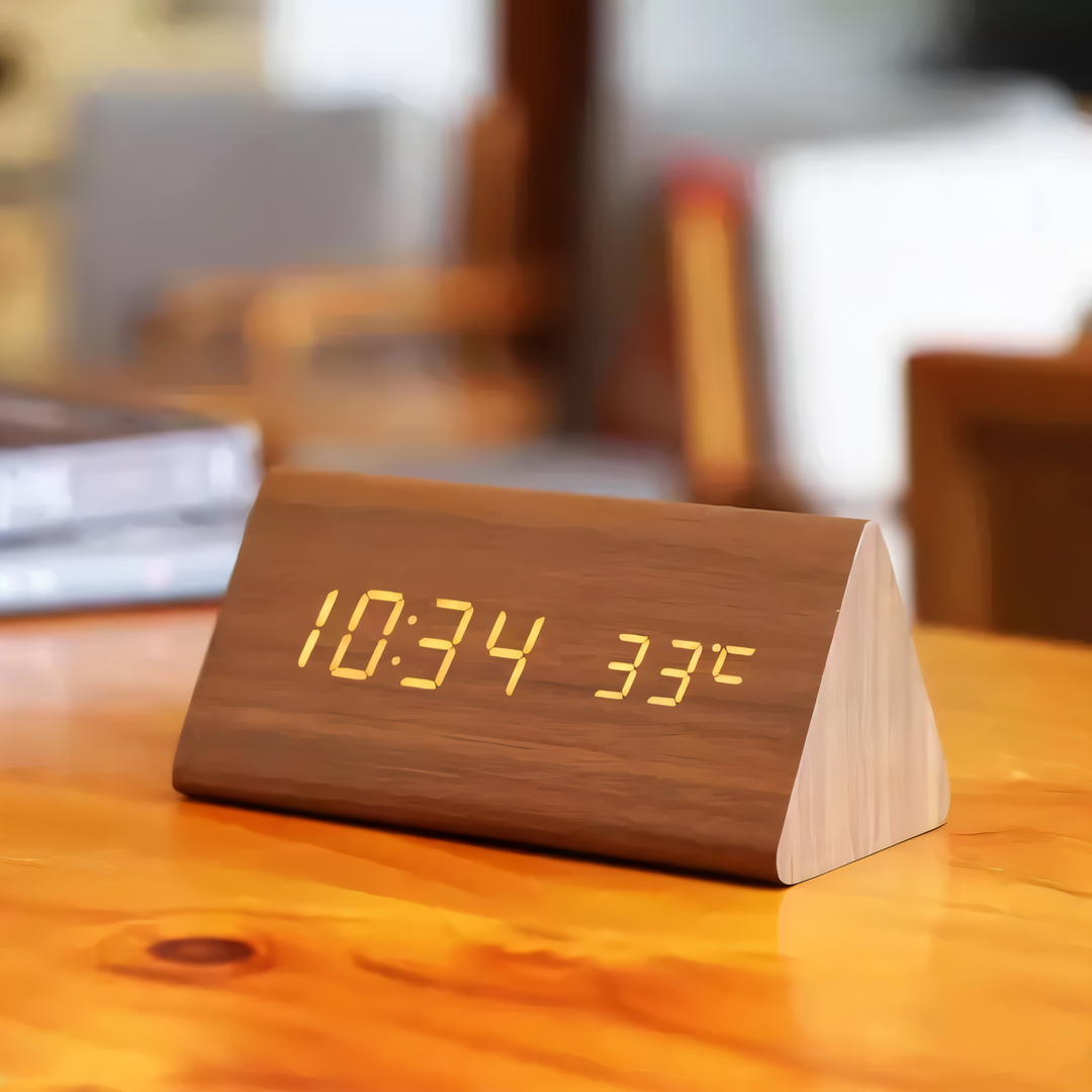 Lisslune | WakeyCue | Modern Wooden LED Digital Alarm Clock with Temperature & Humidity Display