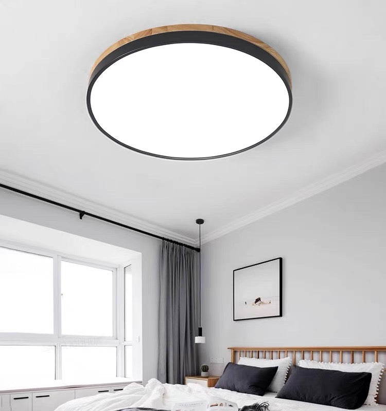 Lisslune | Wooden Round Shape Flush Ceiling Light | LED. Solid Wood & Iron for Living Room. Dining Room & Hallway