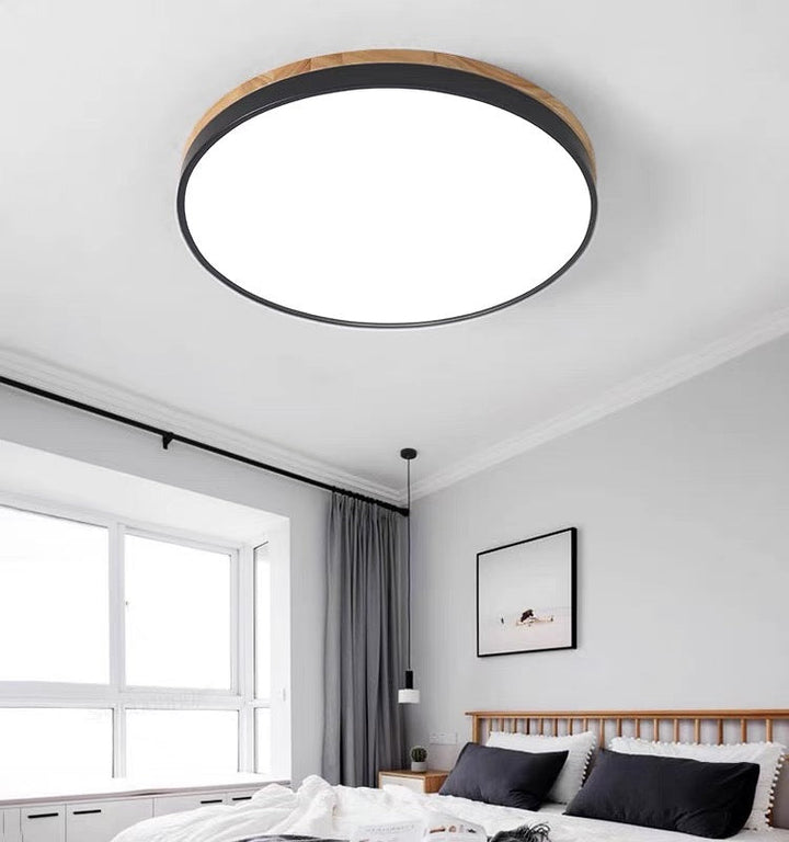 Lisslune | Wooden Round Shape Flush Ceiling Light | LED. Solid Wood & Iron for Living Room. Dining Room & Hallway