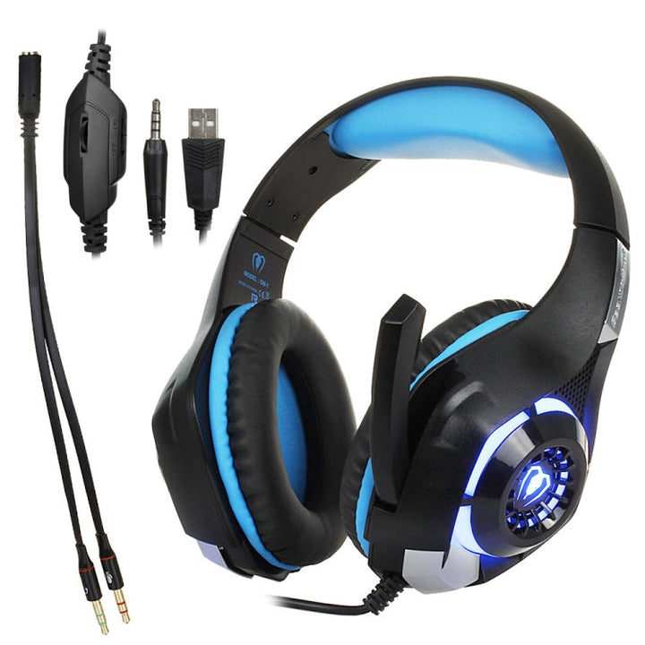 Lisslune | Beexcellent GM-1 Stereo Bass Gaming Headphones with Microphone & LED Light, for PS4, Smartphone, Tablet, PC, Laptop (Blue)