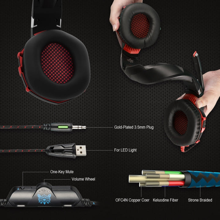Lisslune | ONIKUMA K2A Over Ear Bass Stereo Surround Gaming Headphones with Microphone & LED Lights (Black Red)
