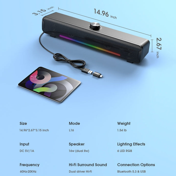 Lisslune | L16 Portable RGB Light HiFi USB Bluetooth Wireless Speaker (Black)
