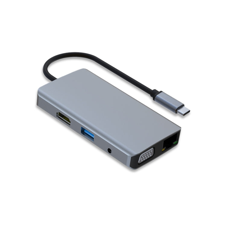 Lisslune | 9 in 1 RJ45 + 100W PD + SD/TF + USBx2 + HDMI + VGA + 3.5mm AUX to Type-C HUB Adapter