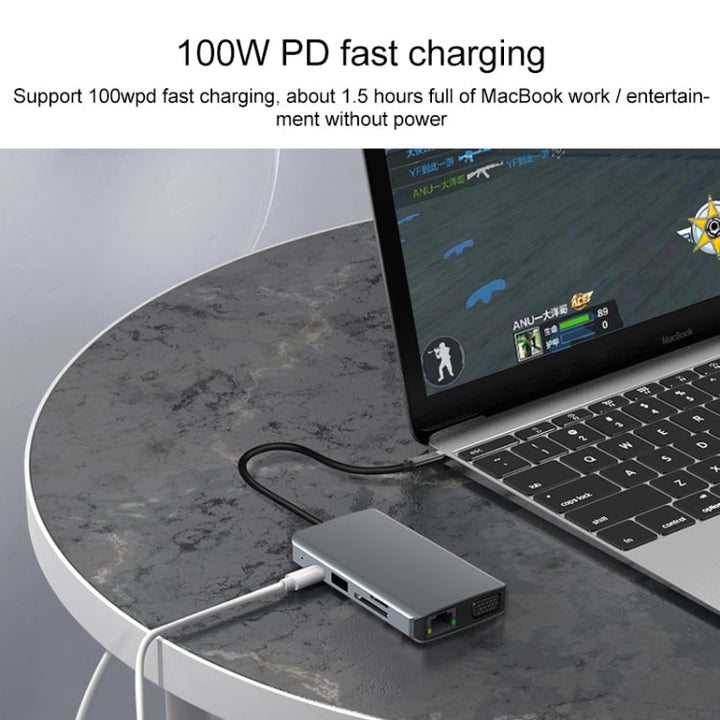 Lisslune | 9 in 1 RJ45 + 100W PD + SD/TF + USBx2 + HDMI + VGA + 3.5mm AUX to Type-C HUB Adapter