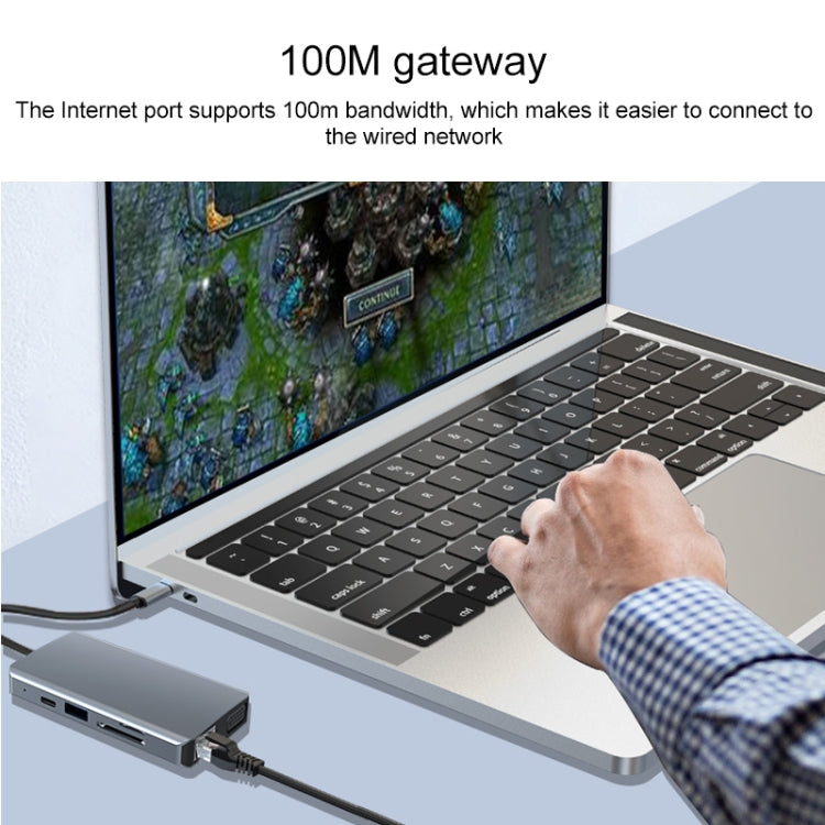 Lisslune | 9 in 1 RJ45 + 100W PD + SD/TF + USBx2 + HDMI + VGA + 3.5mm AUX to Type-C HUB Adapter