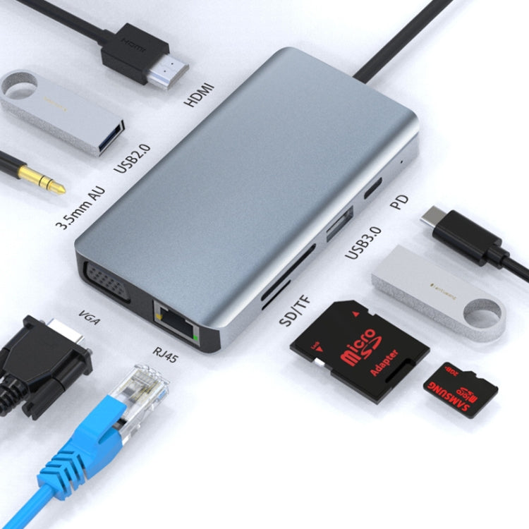 Lisslune | 9 in 1 RJ45 + 100W PD + SD/TF + USBx2 + HDMI + VGA + 3.5mm AUX to Type-C HUB Adapter
