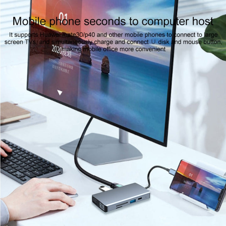Lisslune | 9 in 1 RJ45 + 100W PD + SD/TF + USBx2 + HDMI + VGA + 3.5mm AUX to Type-C HUB Adapter