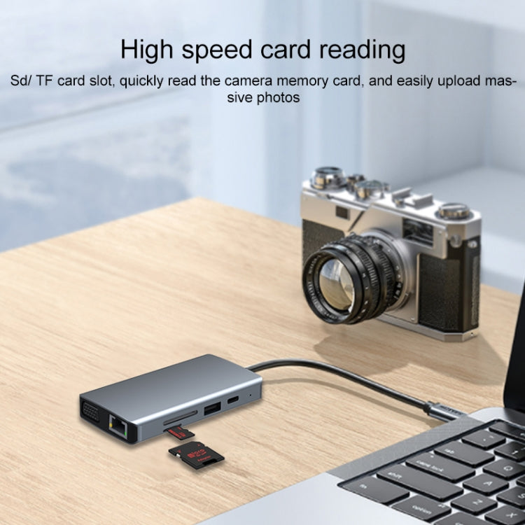 Lisslune | 9 in 1 RJ45 + 100W PD + SD/TF + USBx2 + HDMI + VGA + 3.5mm AUX to Type-C HUB Adapter