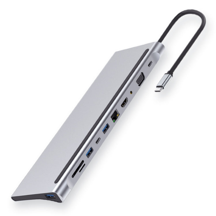 Lisslune | 11 in 1 RJ45 + 87W PD + SD/TF + USBx3 + HDMI + VGA + 3.5mm AUX to Type-C HUB Adapter