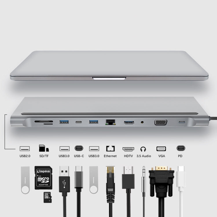 Lisslune | 11 in 1 RJ45 + 87W PD + SD/TF + USBx3 + HDMI + VGA + 3.5mm AUX to Type-C HUB Adapter