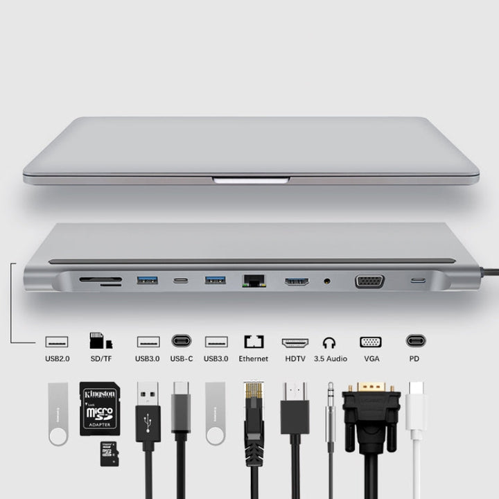 Lisslune | 11 in 1 RJ45 + 87W PD + SD/TF + USBx3 + HDMI + VGA + 3.5mm AUX to Type-C HUB Adapter