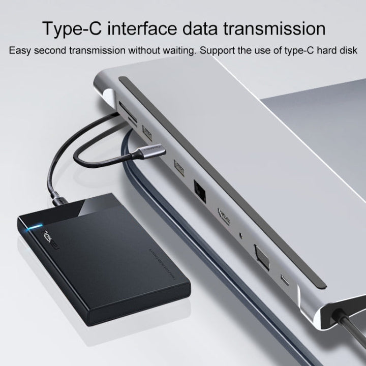 Lisslune | 11 in 1 RJ45 + 87W PD + SD/TF + USBx3 + HDMI + VGA + 3.5mm AUX to Type-C HUB Adapter